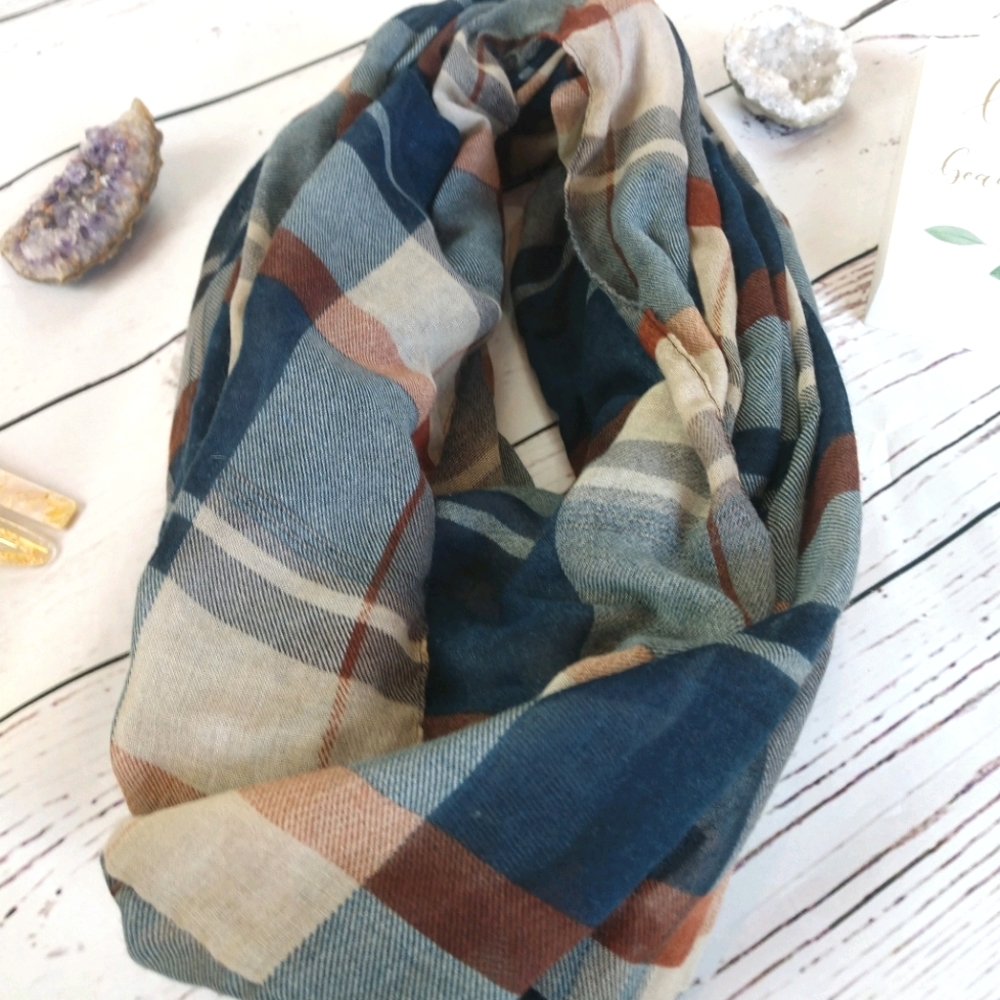 5/$25 Blue and Brown Plaid Infinity Scarf